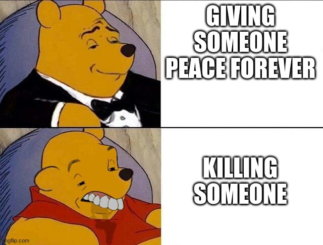 Winnie the Pooh | GIVING SOMEONE PEACE FOREVER; KILLING SOMEONE | image tagged in winnie the pooh | made w/ Imgflip meme maker