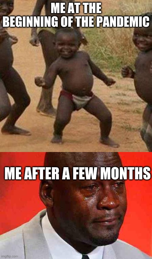 Me during the pandemic | ME AT THE BEGINNING OF THE PANDEMIC; ME AFTER A FEW MONTHS | image tagged in memes,third world success kid,crying michael jordan | made w/ Imgflip meme maker