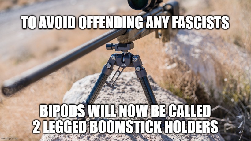 Boomstick | TO AVOID OFFENDING ANY FASCISTS; BIPODS WILL NOW BE CALLED 2 LEGGED BOOMSTICK HOLDERS | image tagged in boom | made w/ Imgflip meme maker