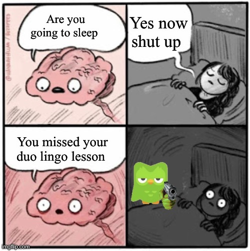 You missed your Duolingo lesson | Yes now shut up; Are you going to sleep; You missed your duo lingo lesson | image tagged in brain before sleep | made w/ Imgflip meme maker