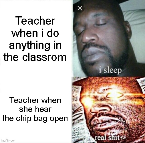 title | Teacher when i do anything in the classrom; Teacher when she hear the chip bag open | image tagged in memes,sleeping shaq | made w/ Imgflip meme maker