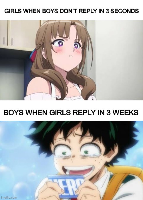 Ur DMs in a nutshell | GIRLS WHEN BOYS DON’T REPLY IN 3 SECONDS; BOYS WHEN GIRLS REPLY IN 3 WEEKS | image tagged in anime meme,mha,mad,reply | made w/ Imgflip meme maker