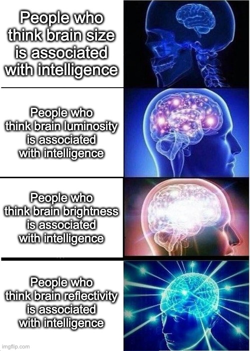 Expanding Brain: Taking Things Too Literally Edition | People who think brain size is associated with intelligence; People who think brain luminosity is associated with intelligence; People who think brain brightness is associated with intelligence; People who think brain reflectivity is associated with intelligence | image tagged in memes,expanding brain,literal meme | made w/ Imgflip meme maker