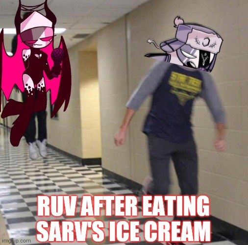 Sarv gave Ruv her ice cream so he can try it |  RUV AFTER EATING SARV'S ICE CREAM | image tagged in floating boy chasing running boy,ruv,sarv,friday night funkin,mid fight masses | made w/ Imgflip meme maker