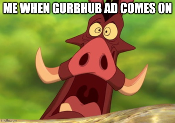 We all agree on this | ME WHEN GURBHUB AD COMES ON | image tagged in pumbaa screaming | made w/ Imgflip meme maker