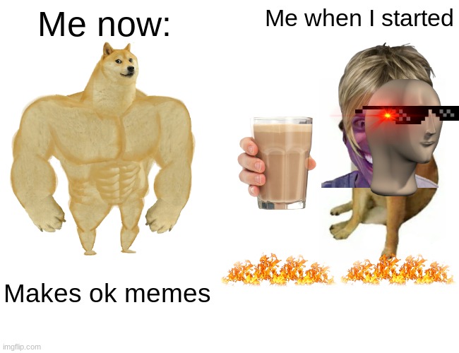 ah yes | Me now:; Me when I started; Makes ok memes | image tagged in memes,funny,buff doge vs cheems | made w/ Imgflip meme maker