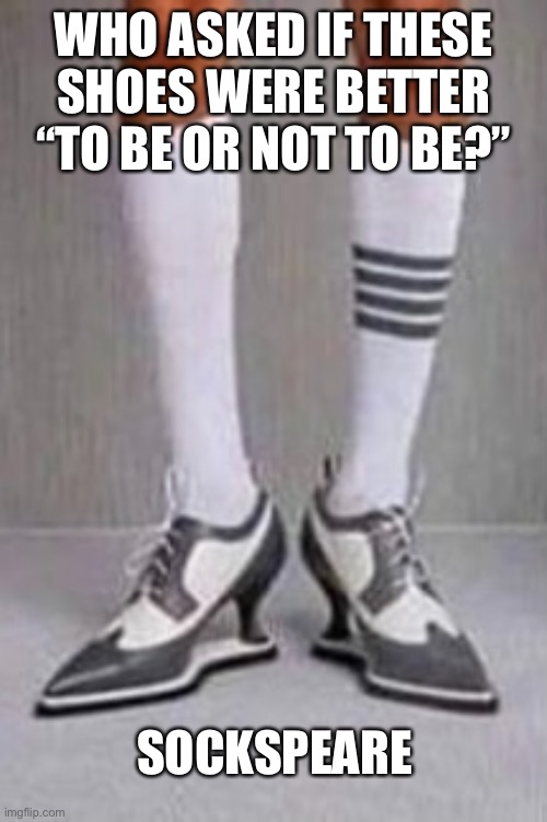 Sockspeare | WHO ASKED IF THESE SHOES WERE BETTER “TO BE OR NOT TO BE?”; SOCKSPEARE | image tagged in puns,dad joke | made w/ Imgflip meme maker