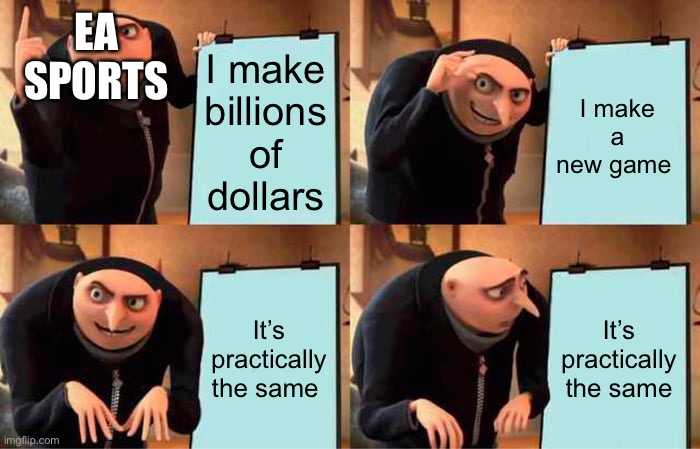 Gru's Plan | EA SPORTS; I make billions of dollars; I make a new game; It’s practically the same; It’s practically the same | image tagged in memes,gru's plan | made w/ Imgflip meme maker