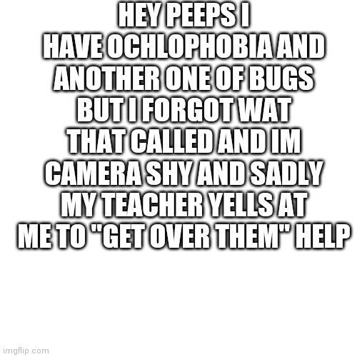 HELP ???? | HEY PEEPS I HAVE OCHLOPHOBIA AND ANOTHER ONE OF BUGS BUT I FORGOT WAT THAT CALLED AND IM CAMERA SHY AND SADLY MY TEACHER YELLS AT ME TO "GET OVER THEM" HELP | image tagged in memes,blank transparent square | made w/ Imgflip meme maker