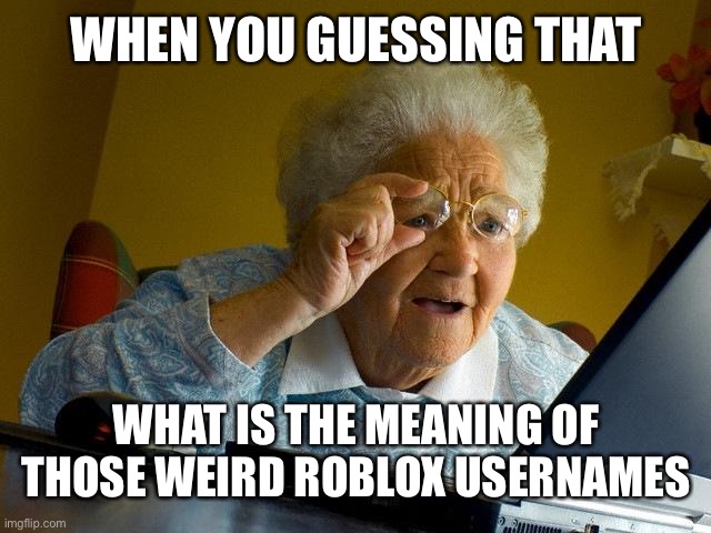 Grandma Finds The Internet Meme |  WHEN YOU GUESSING THAT; WHAT IS THE MEANING OF THOSE WEIRD ROBLOX USERNAMES | image tagged in memes,grandma finds the internet | made w/ Imgflip meme maker