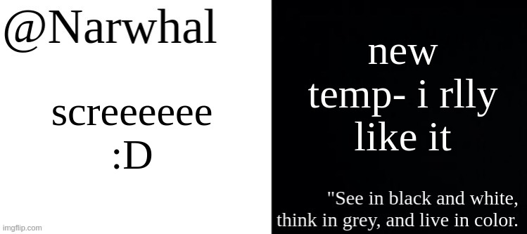 :3 | new temp- i rlly like it; screeeeee :D | image tagged in narwhal black and white temp | made w/ Imgflip meme maker