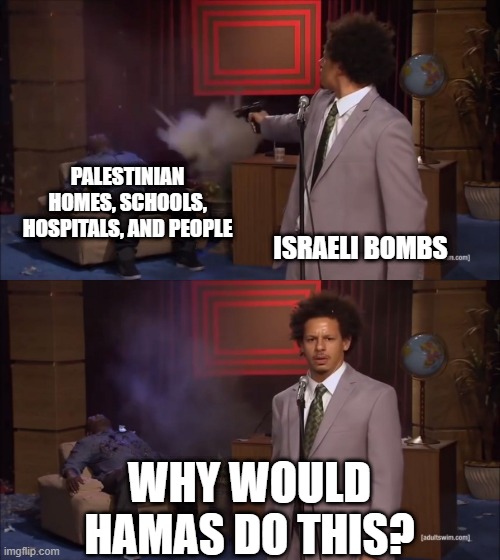 Why would X do this | PALESTINIAN HOMES, SCHOOLS, HOSPITALS, AND PEOPLE; ISRAELI BOMBS; WHY WOULD HAMAS DO THIS? | image tagged in why would x do this | made w/ Imgflip meme maker
