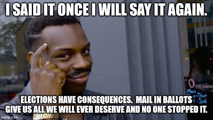 America is a mail in country.  For now. | I SAID IT ONCE I WILL SAY IT AGAIN. ELECTIONS HAVE CONSEQUENCES.  MAIL IN BALLOTS GIVE US ALL WE WILL EVER DESERVE AND NO ONE STOPPED IT. | image tagged in memes,roll safe think about it | made w/ Imgflip meme maker