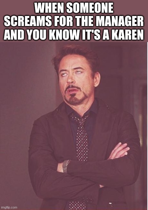 just me? idc about karens | WHEN SOMEONE SCREAMS FOR THE MANAGER AND YOU KNOW IT'S A KAREN | image tagged in memes,face you make robert downey jr | made w/ Imgflip meme maker