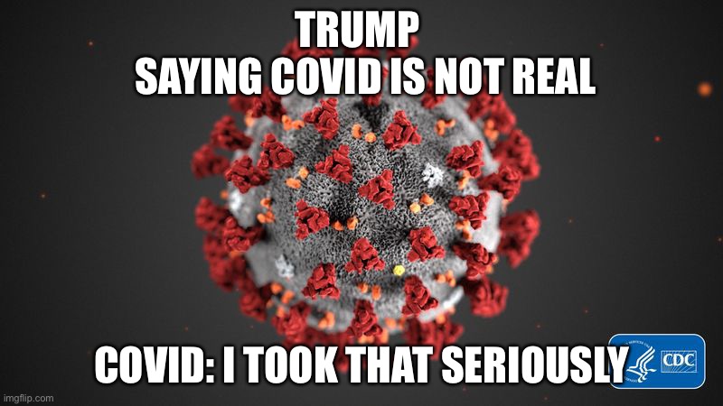 Covid 19 | TRUMP 
 SAYING COVID IS NOT REAL; COVID: I TOOK THAT SERIOUSLY | image tagged in covid 19 | made w/ Imgflip meme maker