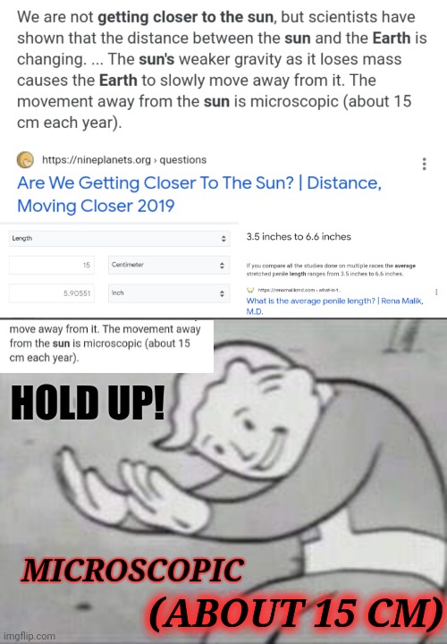 15 cm is microscopic, sorry fellas.... them the breaks sweaty | HOLD UP! MICROSCOPIC; (ABOUT 15 CM) | image tagged in fallout hold up | made w/ Imgflip meme maker