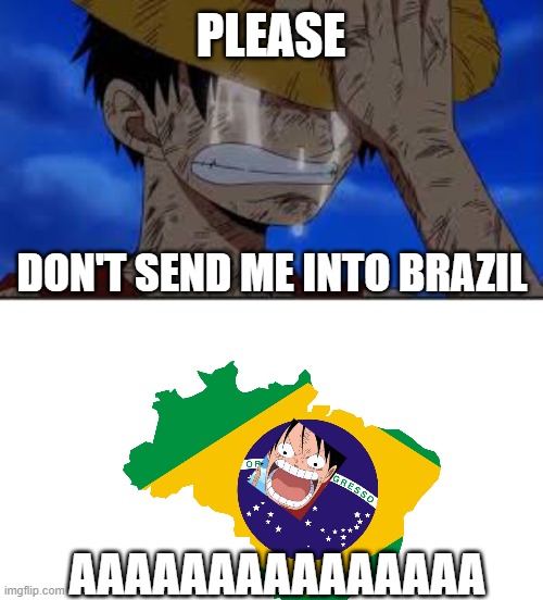 Luffy gets sent into Brazil | PLEASE; DON'T SEND ME INTO BRAZIL; AAAAAAAAAAAAAAA | image tagged in luffy crying,you're going to brazil,brazil,one piece | made w/ Imgflip meme maker