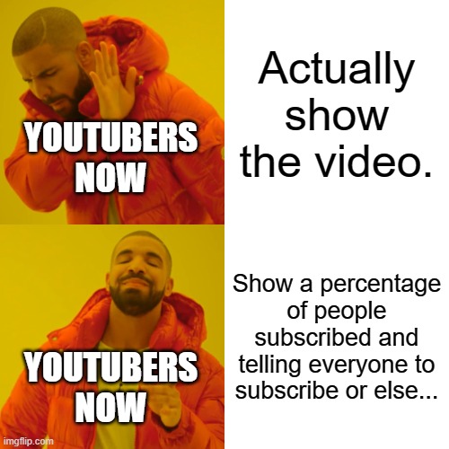 But hey. At least some YouTubers allow us to unsubscribe if we change our minds. | Actually show the video. YOUTUBERS NOW; Show a percentage of people subscribed and telling everyone to subscribe or else... YOUTUBERS NOW | image tagged in memes,drake hotline bling,youtubers,subscribe | made w/ Imgflip meme maker