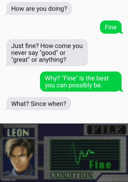 I'm Fine! | image tagged in resident evil,funny,survival,texting,conversation | made w/ Imgflip meme maker