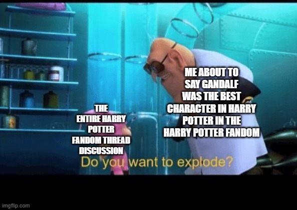 I will soon do this and I want to see what happens | ME ABOUT TO SAY GANDALF WAS THE BEST CHARACTER IN HARRY POTTER IN THE HARRY POTTER FANDOM; THE ENTIRE HARRY POTTER FANDOM THREAD DISCUSSION | image tagged in do you want to explode | made w/ Imgflip meme maker