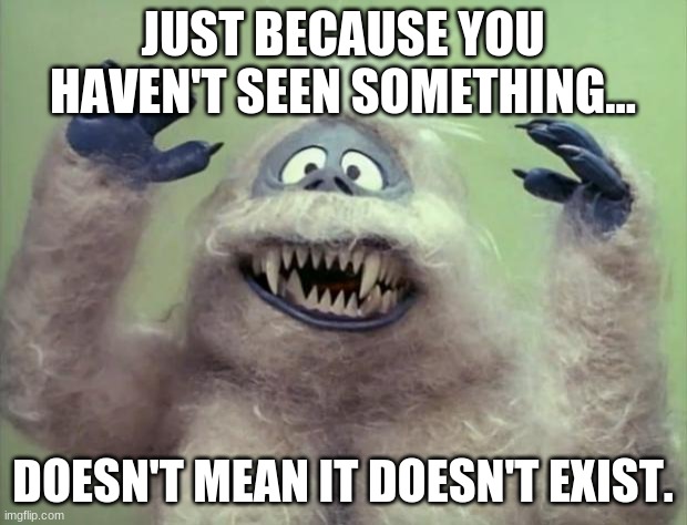 For English class lmao |  JUST BECAUSE YOU HAVEN'T SEEN SOMETHING... DOESN'T MEAN IT DOESN'T EXIST. | image tagged in abominable snowman | made w/ Imgflip meme maker