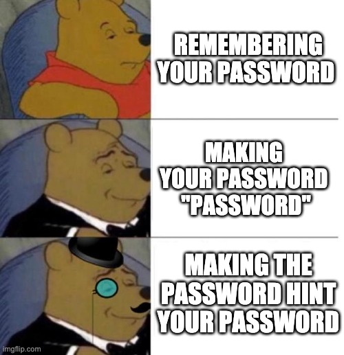 Tuxedo Winnie the Pooh (3 panel) | REMEMBERING YOUR PASSWORD; MAKING 
YOUR PASSWORD 
"PASSWORD"; MAKING THE PASSWORD HINT YOUR PASSWORD | image tagged in tuxedo winnie the pooh 3 panel,fun,funny,funny memes,lol | made w/ Imgflip meme maker