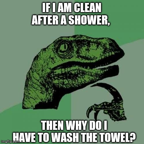 Philosoraptor | IF I AM CLEAN AFTER A SHOWER, THEN WHY DO I HAVE TO WASH THE TOWEL? | image tagged in memes,philosoraptor,dinosaurs,funny memes,fun | made w/ Imgflip meme maker