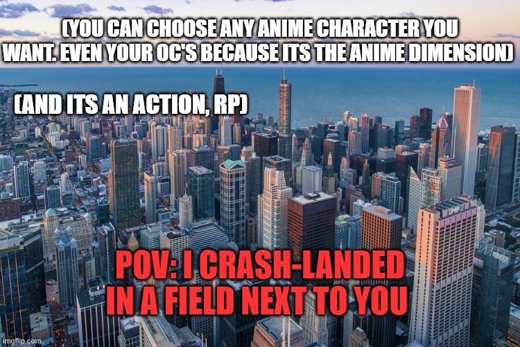 I'm scared to do one of these.  i think thats why i dont do them often | (YOU CAN CHOOSE ANY ANIME CHARACTER YOU WANT. EVEN YOUR OC'S BECAUSE ITS THE ANIME DIMENSION); (AND ITS AN ACTION, RP); POV: I CRASH-LANDED IN A FIELD NEXT TO YOU | image tagged in roleplaying,action | made w/ Imgflip meme maker