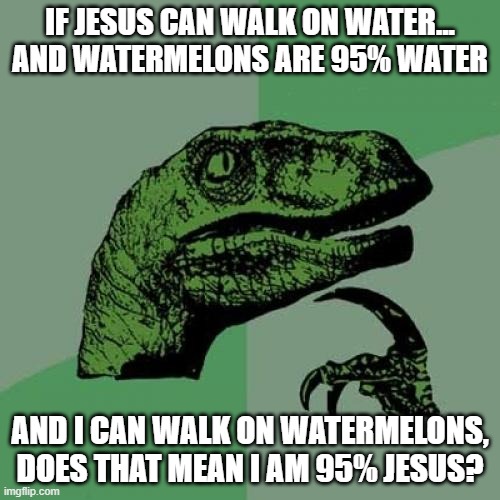 Philosoraptor | IF JESUS CAN WALK ON WATER... AND WATERMELONS ARE 95% WATER; AND I CAN WALK ON WATERMELONS, DOES THAT MEAN I AM 95% JESUS? | image tagged in memes,philosoraptor | made w/ Imgflip meme maker