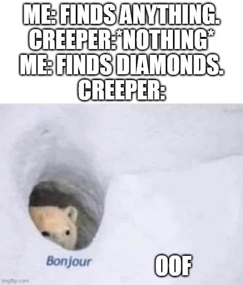 Why creeper, WWWHHHYYY! | ME: FINDS ANYTHING.
CREEPER:*NOTHING*
ME: FINDS DIAMONDS.
CREEPER:; OOF | image tagged in bonjour | made w/ Imgflip meme maker