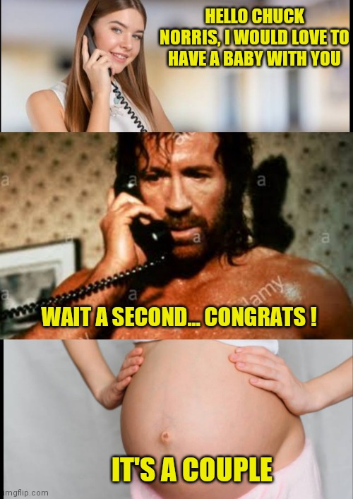 HELLO CHUCK NORRIS, I WOULD LOVE TO HAVE A BABY WITH YOU; WAIT A SECOND... CONGRATS ! IT'S A COUPLE | image tagged in chuck norris,memes,mystic,legend,funny memes,fun | made w/ Imgflip meme maker