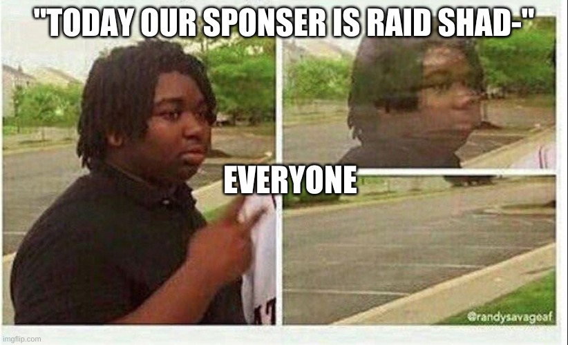 Black guy disappearing | "TODAY OUR SPONSER IS RAID SHAD-"; EVERYONE | image tagged in black guy disappearing | made w/ Imgflip meme maker