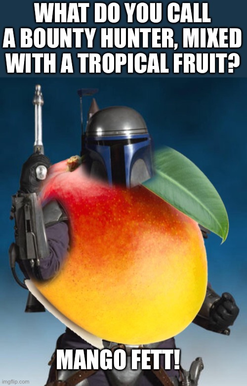 Tropical Thunder | WHAT DO YOU CALL A BOUNTY HUNTER, MIXED WITH A TROPICAL FRUIT? MANGO FETT! | image tagged in star wars,magofett,jango fett | made w/ Imgflip meme maker