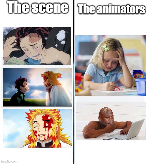 Animators drawing tissues for my tears | The scene; The animators | image tagged in large side by side template,demon slayer | made w/ Imgflip meme maker