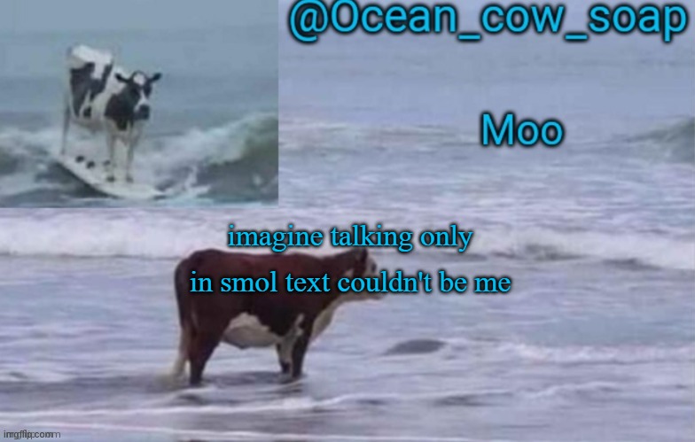 ᶜᵒᵘˡᵈⁿᵗ ᵇᵉ ᵐᵉ | imagine talking only in smol text couldn't be me | image tagged in soap's ocean cow temp ty yachi | made w/ Imgflip meme maker