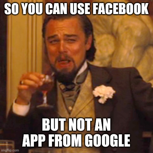 Laughing Leo Meme | SO YOU CAN USE FACEBOOK; BUT NOT AN APP FROM GOOGLE | image tagged in memes,laughing leo | made w/ Imgflip meme maker