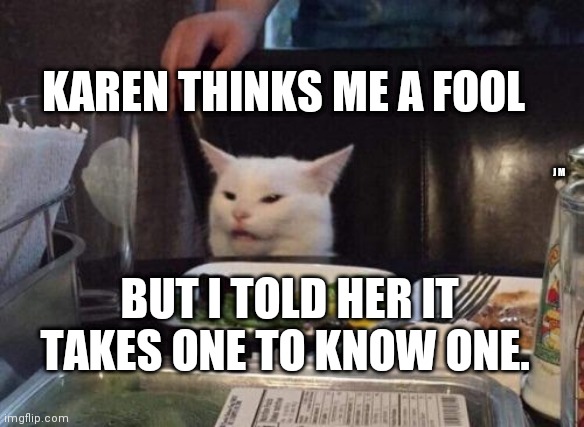 Salad cat | KAREN THINKS ME A FOOL; J M; BUT I TOLD HER IT TAKES ONE TO KNOW ONE. | image tagged in salad cat | made w/ Imgflip meme maker