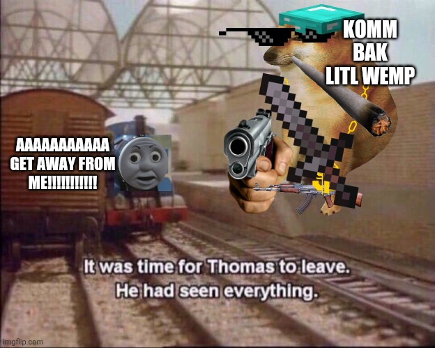 Lil wimp | KOMM BAK LITL WEMP; AAAAAAAAAAA GET AWAY FROM ME!!!!!!!!!!! | image tagged in cheems,it was time for thomas to leave | made w/ Imgflip meme maker
