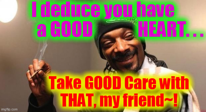 Snoop Dogg | I deduce you have
          a GOOD             HEART. . . Take GOOD Care with
THAT, my friend~! | image tagged in snoop dogg | made w/ Imgflip meme maker