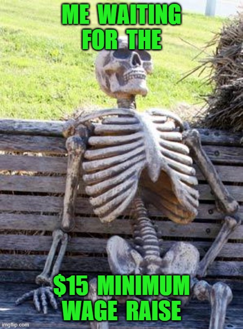 skell-chair | ME  WAITING  FOR  THE; $15  MINIMUM WAGE  RAISE | image tagged in skell-chair | made w/ Imgflip meme maker