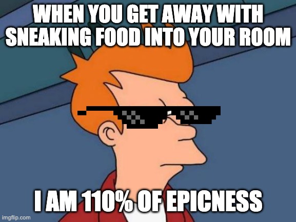 Futurama Fry Meme | WHEN YOU GET AWAY WITH SNEAKING FOOD INTO YOUR ROOM; I AM 110% OF EPICNESS | image tagged in memes,futurama fry | made w/ Imgflip meme maker