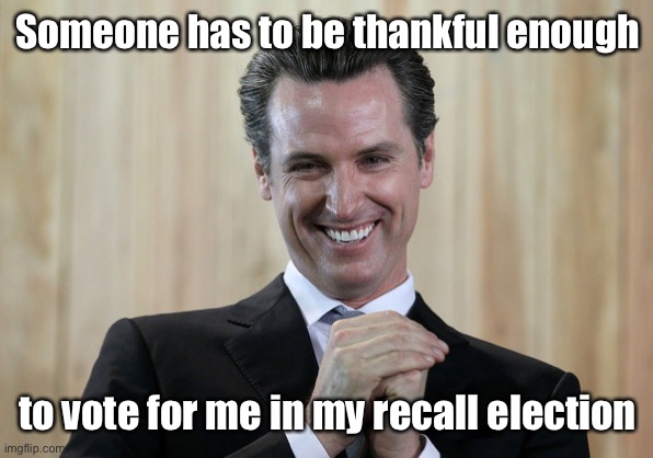 Scheming Gavin Newsom  | Someone has to be thankful enough to vote for me in my recall election | image tagged in scheming gavin newsom | made w/ Imgflip meme maker