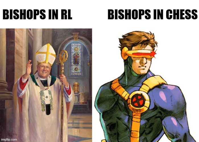 Bishops | BISHOPS IN RL                BISHOPS IN CHESS | image tagged in catholic bishop,cyclops x-men,bishop,chess,gaming | made w/ Imgflip meme maker