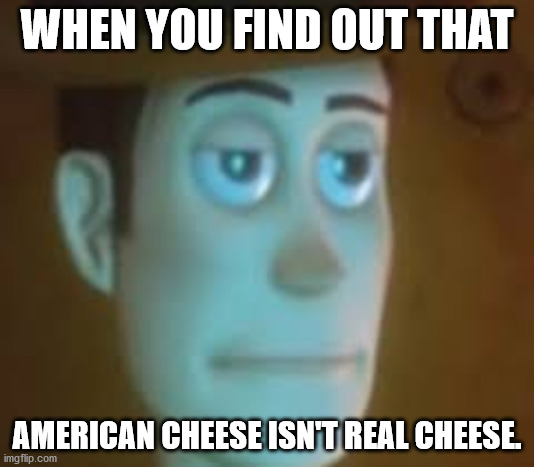 disappointed woody | WHEN YOU FIND OUT THAT; AMERICAN CHEESE ISN'T REAL CHEESE. | image tagged in disappointed woody | made w/ Imgflip meme maker