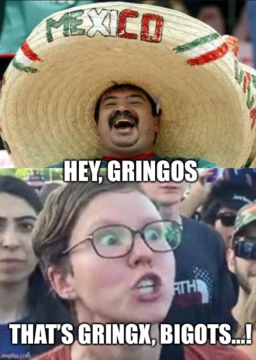 Gringxs | HEY, GRINGOS; THAT’S GRINGX, BIGOTS...! | image tagged in mexican word of the day,trigger a leftist | made w/ Imgflip meme maker
