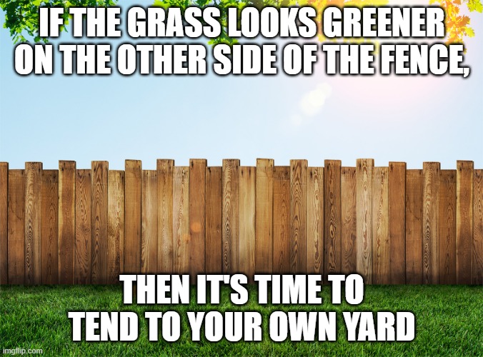 Fence aka Border Wall | IF THE GRASS LOOKS GREENER ON THE OTHER SIDE OF THE FENCE, THEN IT'S TIME TO TEND TO YOUR OWN YARD | image tagged in fence aka border wall | made w/ Imgflip meme maker