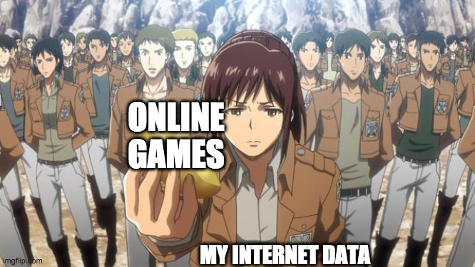 Online games | ONLINE GAMES; MY INTERNET DATA | image tagged in potato girl shares | made w/ Imgflip meme maker
