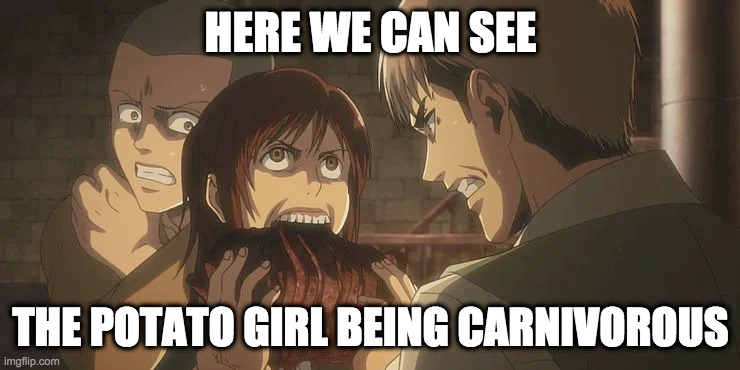 Potato or Meat Girl? | HERE WE CAN SEE; THE POTATO GIRL BEING CARNIVOROUS | image tagged in sasha,aot,anime meme | made w/ Imgflip meme maker