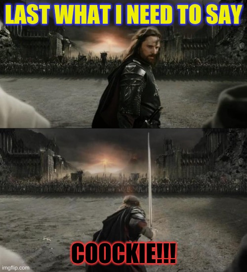 COOCKIE!!! | LAST WHAT I NEED TO SAY; COOCKIE!!! | image tagged in aragorn in battle | made w/ Imgflip meme maker