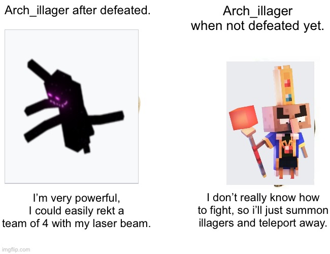Heart of ender vs arch illager | Arch_illager after defeated. Arch_illager when not defeated yet. I don’t really know how to fight, so i’ll just summon illagers and teleport away. I’m very powerful, I could easily rekt a team of 4 with my laser beam. | image tagged in memes,buff doge vs cheems | made w/ Imgflip meme maker